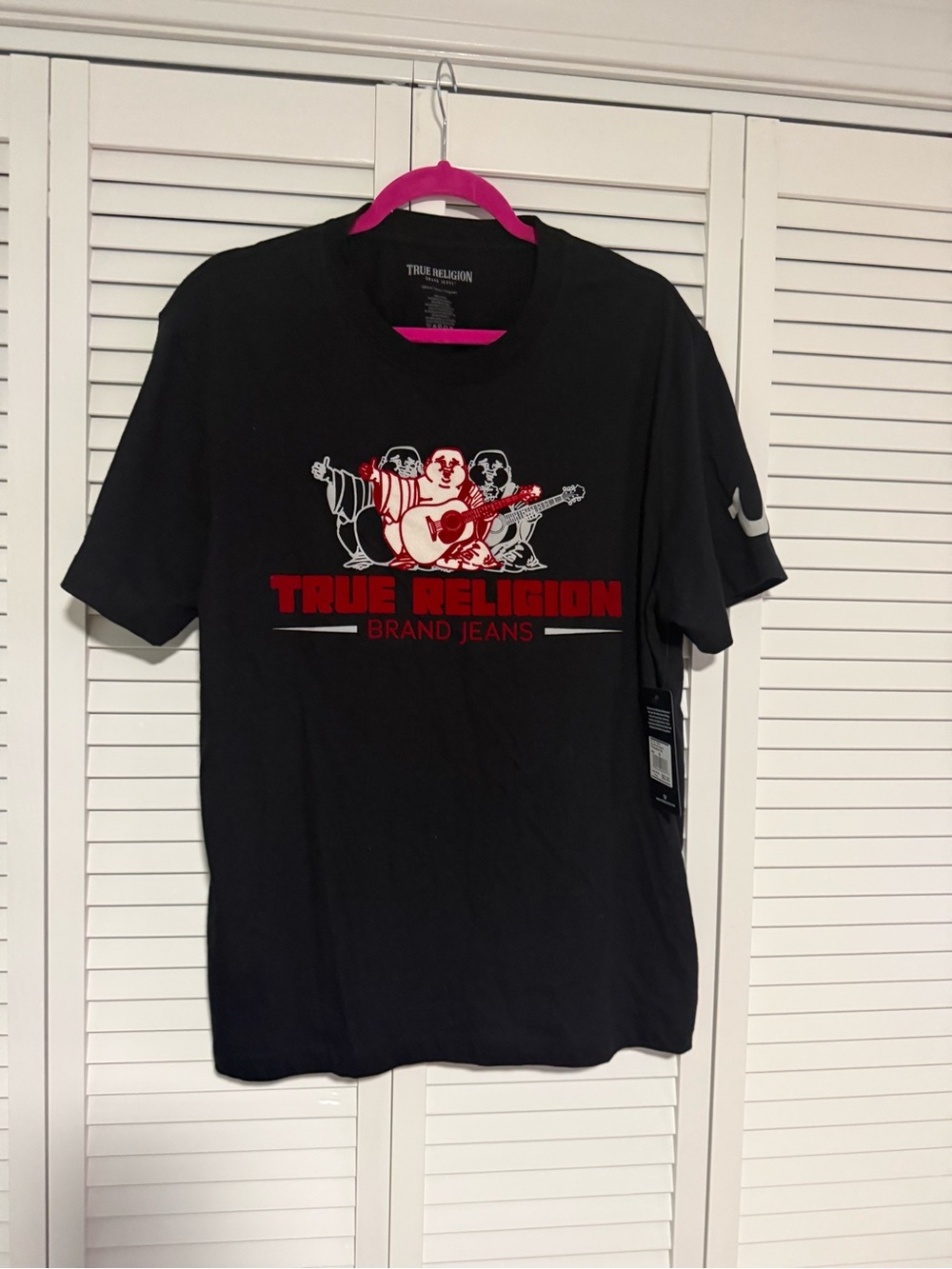 True Religion Black Short-Sleeve Tee with Red & White Logo